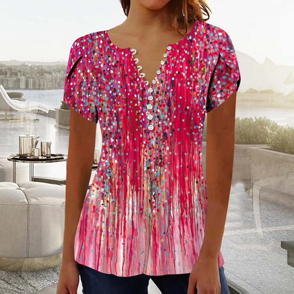 Xdegoge Walmart Plus Membership Summer Tops for Women 2025 Dressy Casual V Neck Short Sleeve Shirts Trendy Button Down T Shirt Tunic Cute Blouses Pullover Floral Print Going Out Tops Flash Deals
