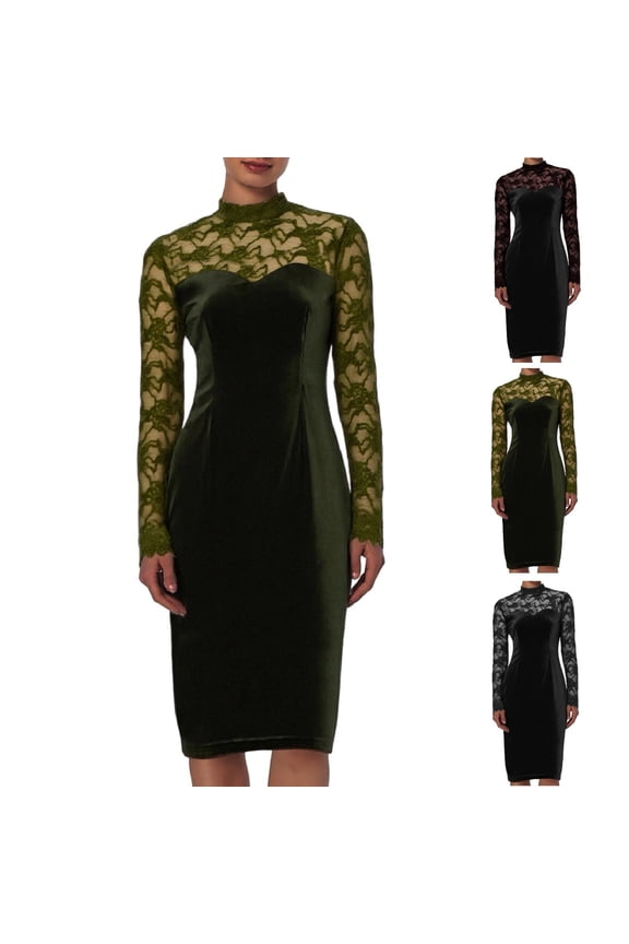 Wedding Guest Dresses For Women Elegant Velvet Bodycon Dress with Sheer Lace Long Sleeves High Neck Midi Cocktail Dress Party, Evening, Formal Clothes