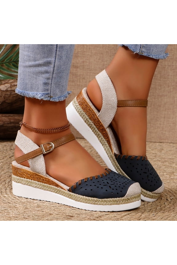 Wedges for Women Closed Toe Espadrille Wedge Sandals Laser Cut Starburst Ankle Strap Canvas Braided Jute Sole Flatform Shoes