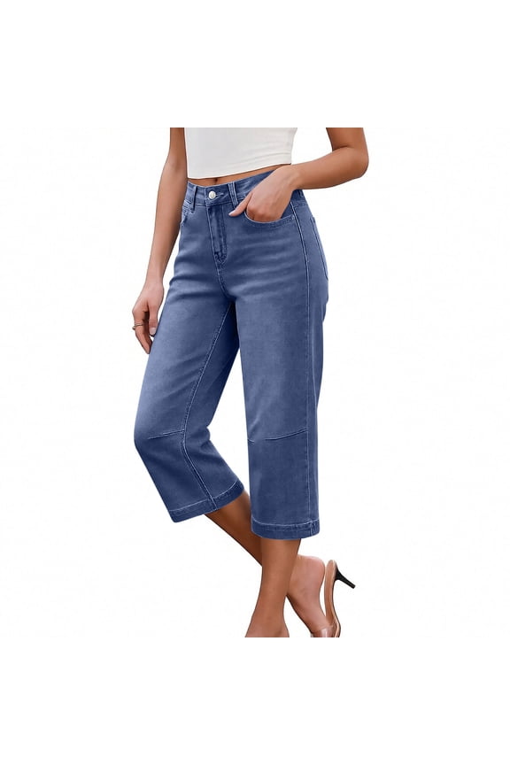 Wide Leg Denim Capris for Women High Rise Gaucho Jeans Cropped Trousers with Seam Detail Stretchy Comfy Flattering Relaxed Fit Casual Weekend Everyday