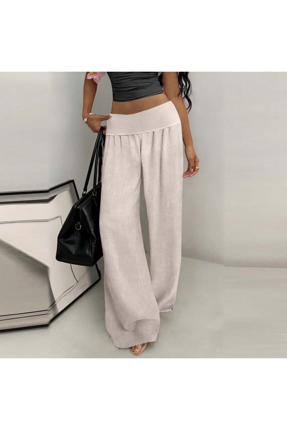 Wide Leg Pants for Women Relaxed Fit Flowy Trousers High Waisted Foldover Cotton Linen Lightweight Lounge Beach Vacation Summer Bottoms