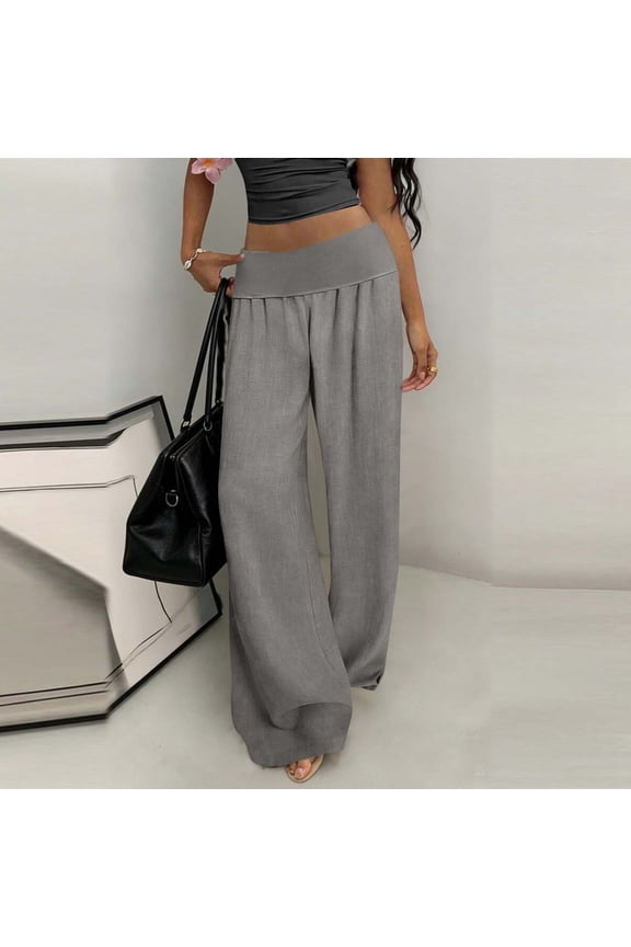 Wide Leg Pants for Women Relaxed Fit Flowy Trousers High Waisted Foldover Cotton Linen Lightweight Lounge Beach Vacation Summer Bottoms