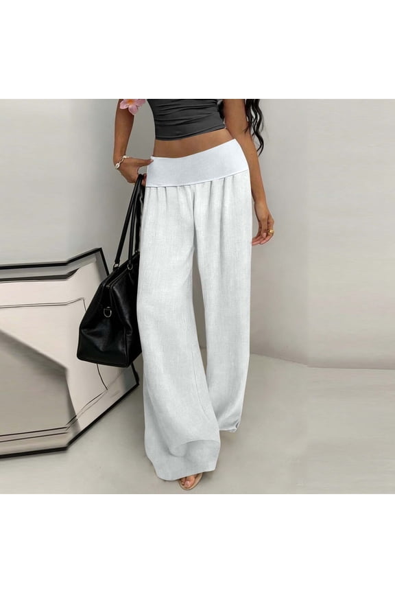 Wide Leg Pants for Women Relaxed Fit Flowy Trousers High Waisted Foldover Cotton Linen Lightweight Lounge Beach Vacation Summer Bottoms
