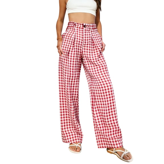 Xdegoge Wide Leg Plaid Pants for Women with Button Closure and Pleated Front, Lightweight Breathable Summer Party and Casual Outfit