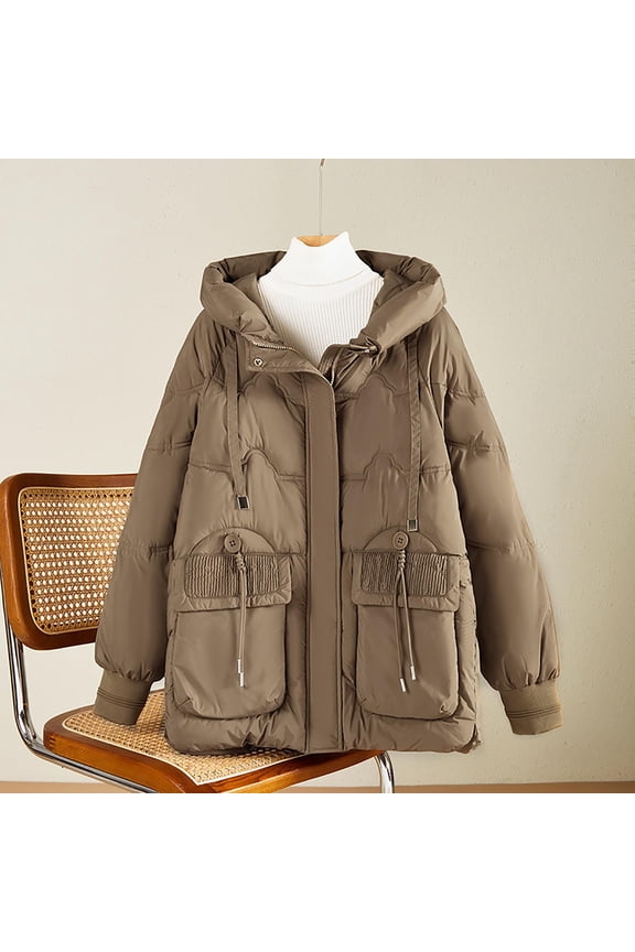 Down Winter Coats for Women Casual Full Zip Oversized Hooded Quilted Jackets with Pockets Drawstring Stand Collar Padded Coat Fashion Warm Jacket 2025