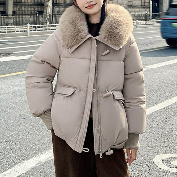 Xdegoge Winter Coats for Women Faux Fur Lapel Full Zip Thick Quilted Jacket with Pocket Short Streetwear Loose Casual Padded Jackets Solid Color Winter Outerwear 2025