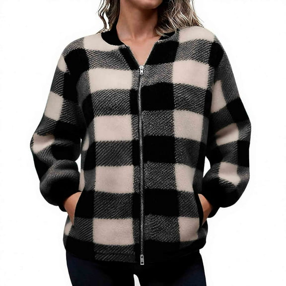 Xdegoge Winter Coats for Women with Pockets Plaid Zip up Fuzzy Fleece Plus Size Hoodies Jackets Casual Comfy Faux Fur Oversized Jacket Warm Outwear Chamarras Para Mujer Para El Frio Pink S