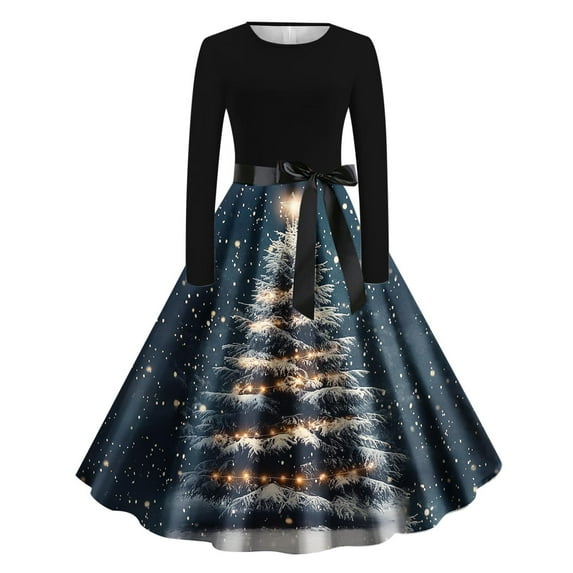 Xdegoge Winter Dresses for Women 2025 Elegant Vintage Christmas Long Sleeve Round Neck A-Line Swing Midi Dress with Belt Xmas Holiday Evening Cocktail Party Outfits
