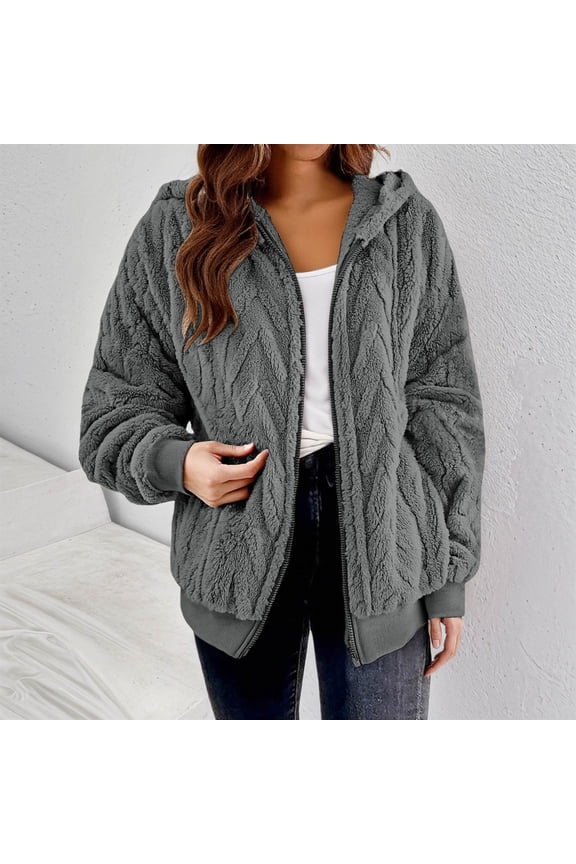 Winter Fleece Jacket for Women Full Zip Stand Collar Hooded Coats Vintage Jacquard Knit Jacket Casual Loose Fitting Coat Winter Thermal Solid Color Outerwear