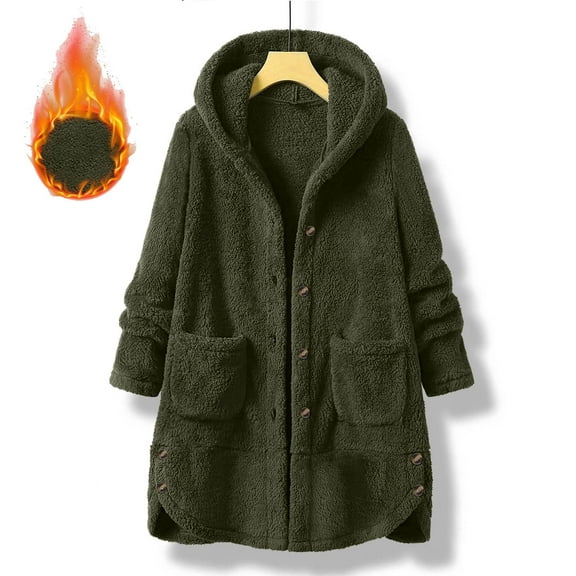 Xdegoge Winter Fleece Jacket for Women Oversized Fuzzy Sherpa Lined Button Down Hooded Coats with Pockets Warm Cozy Solid Mid-Length Jackets 2025 Winter Thicken Outerwear