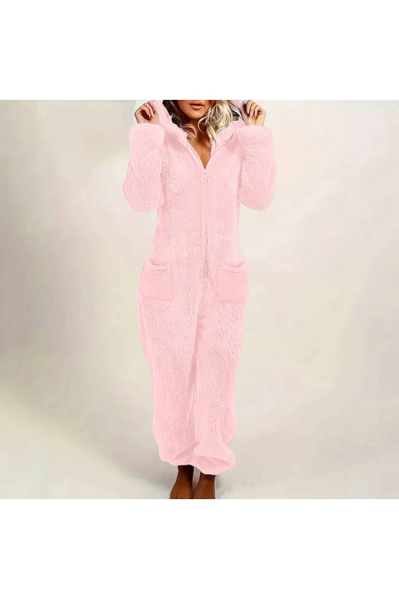 Winter Jumpsuits for Women Cozy Long Sleeve One Piece Fuzzy Fleece Lounge Pajamas with Pockets Onesies Hooded Sleepwear Solid Color Zip Up Romper