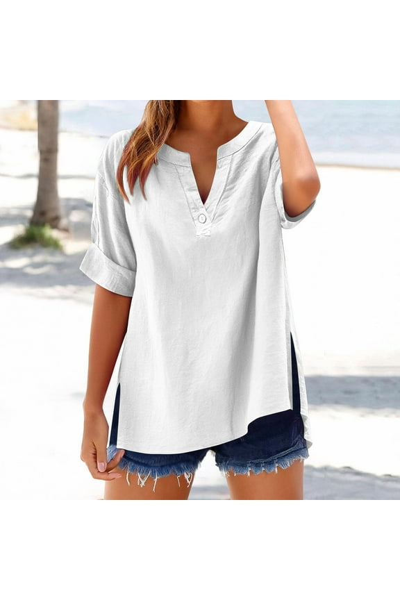Women Activewear Clothes Linen Shirts for Women Short Plus Size Sleeve V Neck Tops Oversized Split Summer Fashion Tee Shirts Casual Shirts Loose Fit Casual Blouses Ropa Mujer