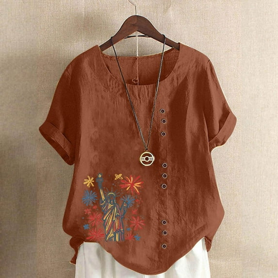 Xdegoge Women Activewear Clothes Linen Shirts Women Short Sleeve Crew Neck Tops Floral Summer Fashion Tunic Shirts Loose Fit Casual Blouses Y2K Plus Size Tee Shirts Ropa Mujer Save for Later
