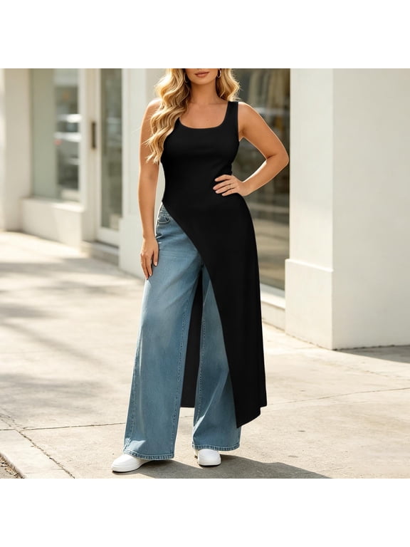 Women Asymmetric High Low Sleeveless Scoop Neck Longline Tunic Summer Casual Side Split Party Clubwear Long Flowy Top Shirt Blouse Tees Tops