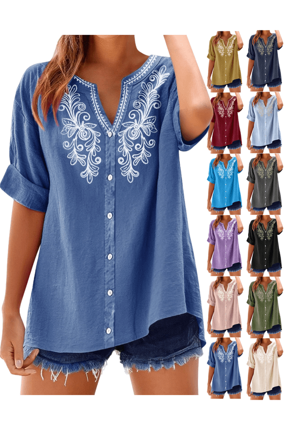 Women Casual Floral Embroidery Cotton Linen Shirts Notch V Neck Half Button Short Sleeve Summer Tops Loose Tunic Blouse Flattering Office Work Outfit