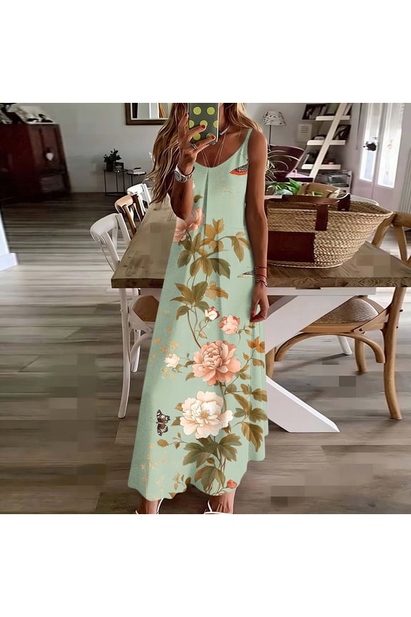 Women Casual Floral Print Dress U Neck Sleeveless Flowy Maxi Sundress Relaxed Fit Summer Beach Holiday Wear Flattering Chic Outfit