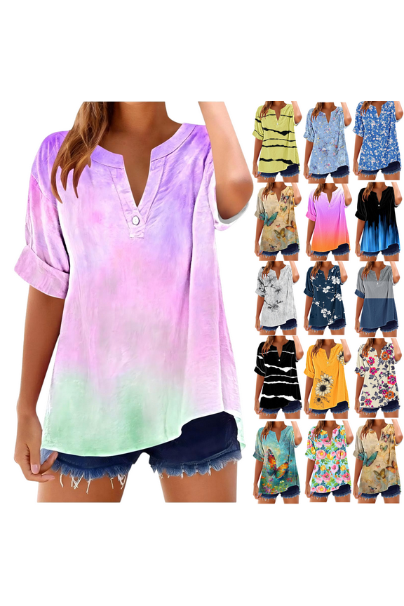 Short Sleeve Womens Tops Plus Size V Neck T Shirt Floral Printed Summer Tunic Tops Oversized Loose Fit Boho Blouses