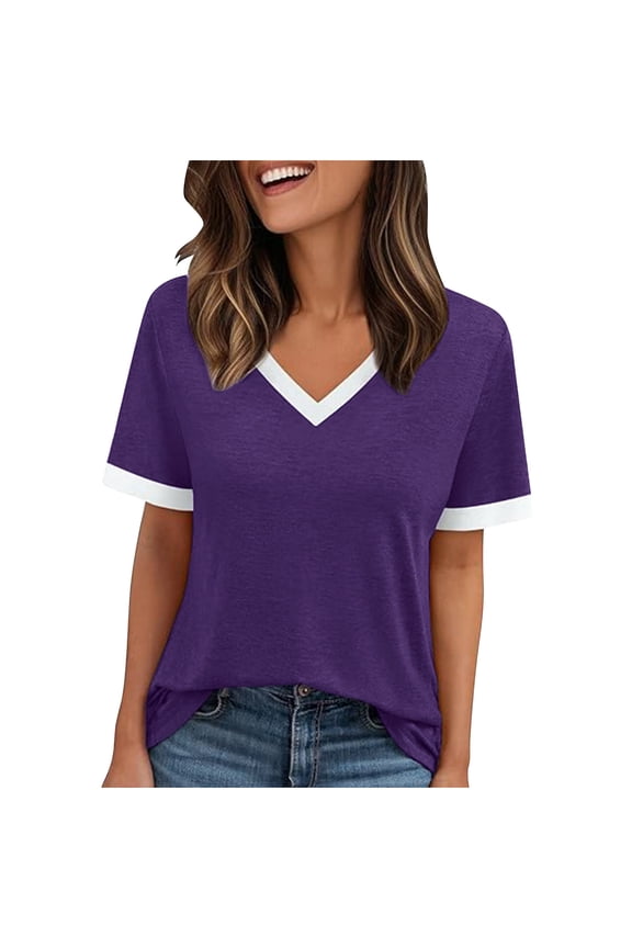 Women Summer Tops for Women 2025 Short Sleeve V Neck T Shirt Fashion Cute Tunic Tops Dressy Casual Work Blouses Color Block Comfy Tee Shirt Womens Buy Again