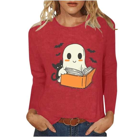 Xdegoge Women Cute Ghost Reading Book With Cat Long Sleeve T-Shirts Kawaii Halloween Graphic Tees Casual Crewneck Loose Fit Fall Pullover Tops Shirts