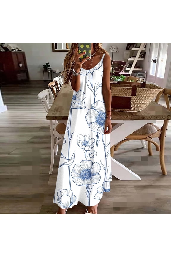 Women Floral Graphic Dress U Neck Sleeveless Loose Flowy Maxi Casual Summer Sundress Flattering Chic Outfit for Beach Holiday Vacation