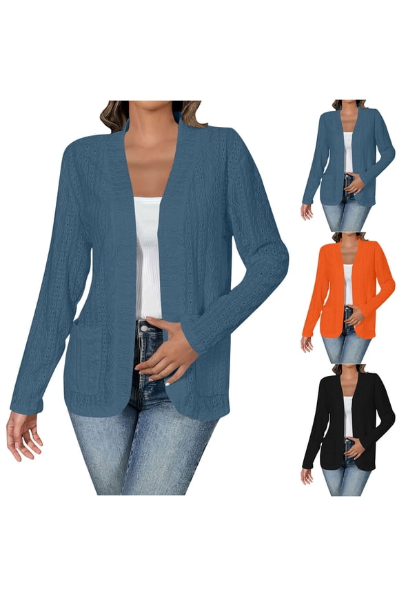 Women Long Sleeve Open Front Cardigan Coat 2026 Casual Soft Cardigan Sweater Outerwear Lightweight Long Cardigans Jacket Coat Loose Fit Knit Outwear with Pockets Plus Size Clothes Blue M