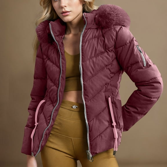 Xdegoge Women Parkas Jacket Zip Up Faux Fur Hooded Padded Coats with Zipper Pockets Solid Color Thick Tunic Slim Quilted Jackets Winter Fashion Warm Down Coat 2025