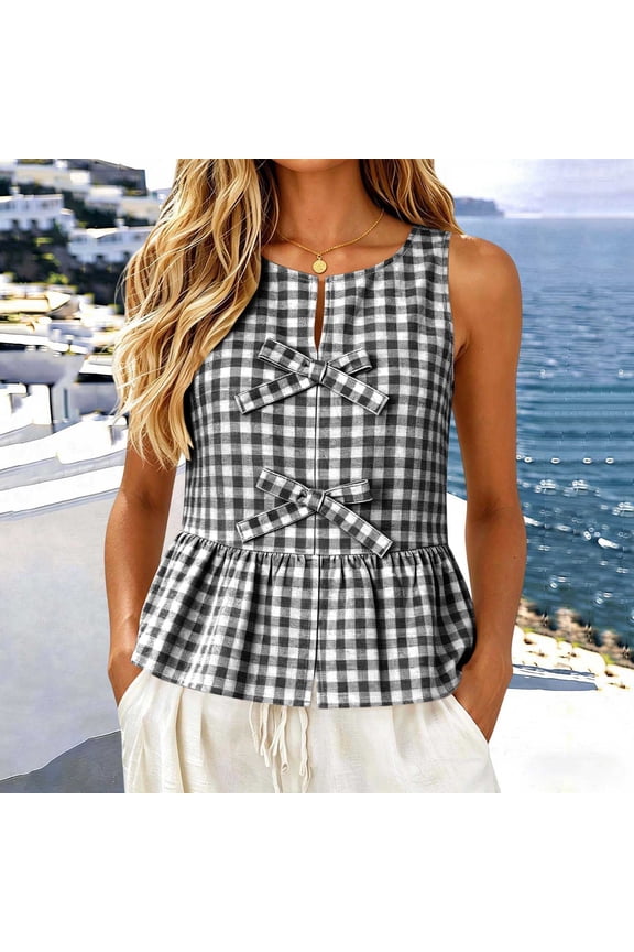 Women Plaid Double Bow Tie Sleeveless Peplum Top Round Neck Checked Summer Blouse Casual Flare Hem Tunic Shirt Retro Gingham Pattern Tee Tops