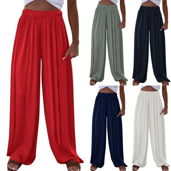 Xdegoge Women Plus Size Clearance Linen Pants with Pockets Wide Leg Pull on Pants Lightweight High Waisted Work Pants 2025 Casual Loose Solid Color Elastic Waisted Palazzo Pants Pantalones De Lino