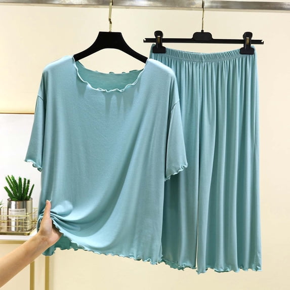 Xdegoge Women'S Lounge Sets 2 Piece Outfits Short Sleeve Tops and Wide Leg Pants Sleepwear with Lettuce Trim Casual Soft Pajamas Nightwear Pjs Set