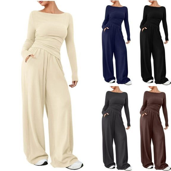 Xdegoge Women Sets 2 Piece Outfits Lounge Set Long Sleeve Scoop Neck Tunic Tops High Waist Wide Leg Pants with Pockets Comfy Casual Tracksuit Fall Fashion Sweatsuit 2025