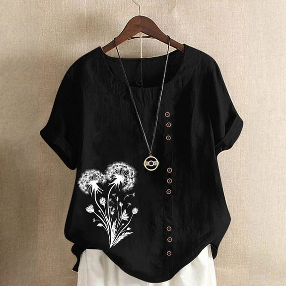 Xdegoge Women Shirts Under 10 Linen Shirts for Women Short Sleeve Crewneck Shirts Casual Floral Summer Tops Oversized Cute Tshirts Beach Vacation Clothes Pullover Blouses Lounge Tunic Tees