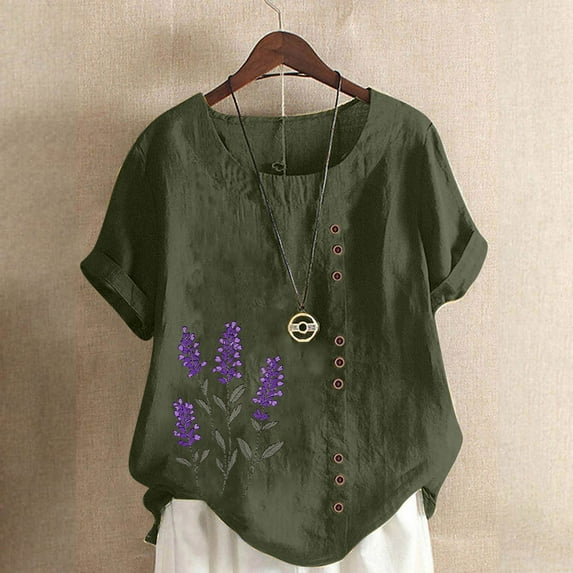Xdegoge Women Shirts Under 10 Linen Shirts for Women Short Sleeve Crewneck Shirts Casual Floral Summer Tops Oversized Cute Tshirts Vacation Beach T Shirts Soft Comfy Pullover Blouses