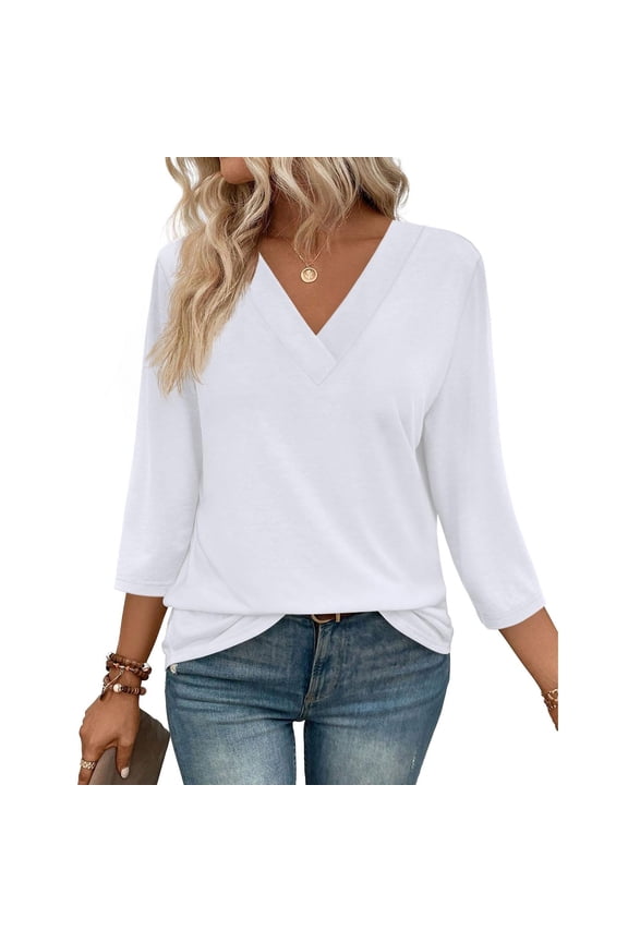 Women Shirts Three Quarter Sleeve Tops Woman Floral Button Down V Neck T Shirts Loose Fit Trendy Summer Tops 2025 Dressy Casual Blouses Soft Comfy Basic Tees