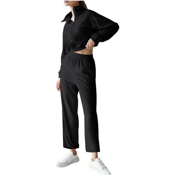 Xdegoge Women Sweatsuit Full Zip Stand Collar Cropped Jackets High Waist Straight Leg Long Pants with Pockets Fleece Tracksuit Loose Solid Outfits Winter 2 Piece Lounge Sets 2025