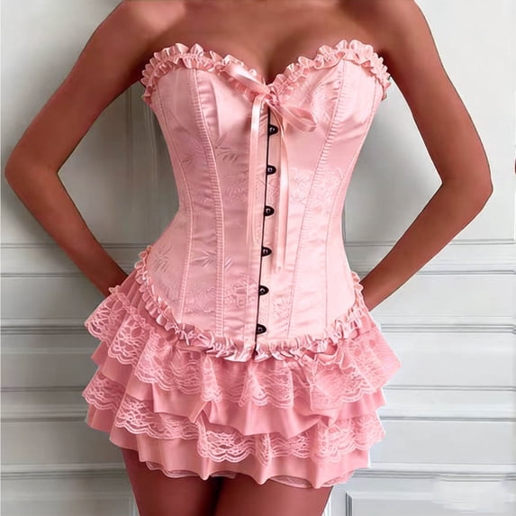 Xdegoge Women Sweetheart Neck Corset Dress Strapless Lace Ruffle Solid Color Bodycon Mini Outfit Flattering Wear for Gothic Party Club