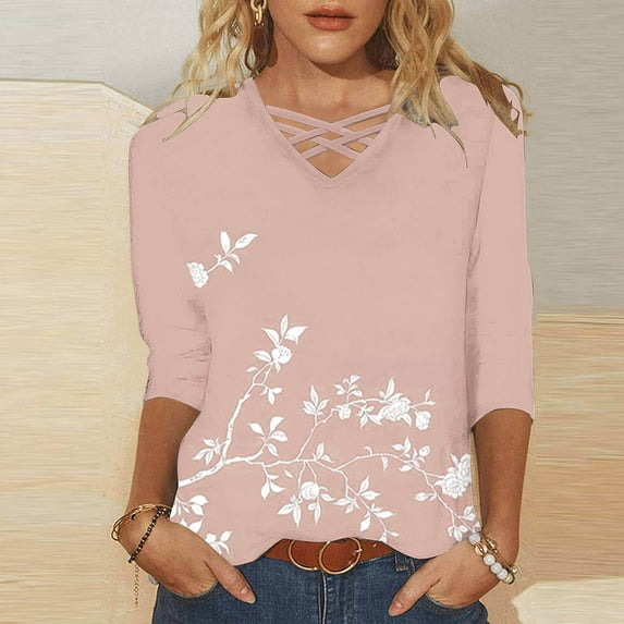 Xdegoge Women Tshirts Under $10 Ladies Tops 3/4 Sleeve Trendy V Neck T Shirts Summer Floral Tunic Ladies Tops Loose Fit Dressy Casual Blouses Fashion Vacation Tee Shirts Ropa Mujer
