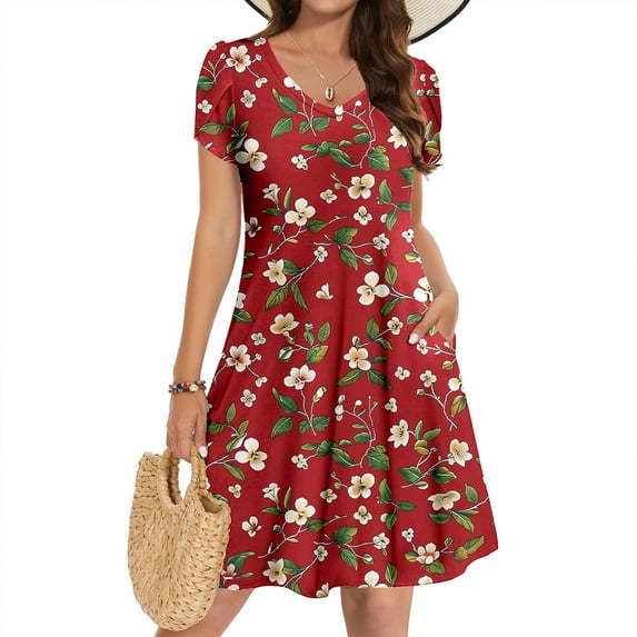 Xdegoge Women White Casual Dress V Neck Mini Dress Casual Loose Pink Floral Dress Plus Size A-Line Midi Dress Boho Dresses Floral Dresses for Wedding Guest Tourist Outfit Clearance