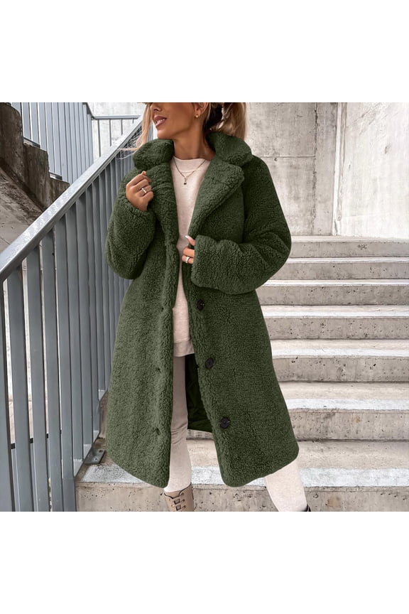 Women Winter Faux Fur Long Coats Lapel Long Sleeve Fuzzy Fleece Plush Button Down Sherpa Jackets Coat Fall Outerwear Casual Wool Blend Trench Coat Jacket Chamarras De Piel Para Mujer XL