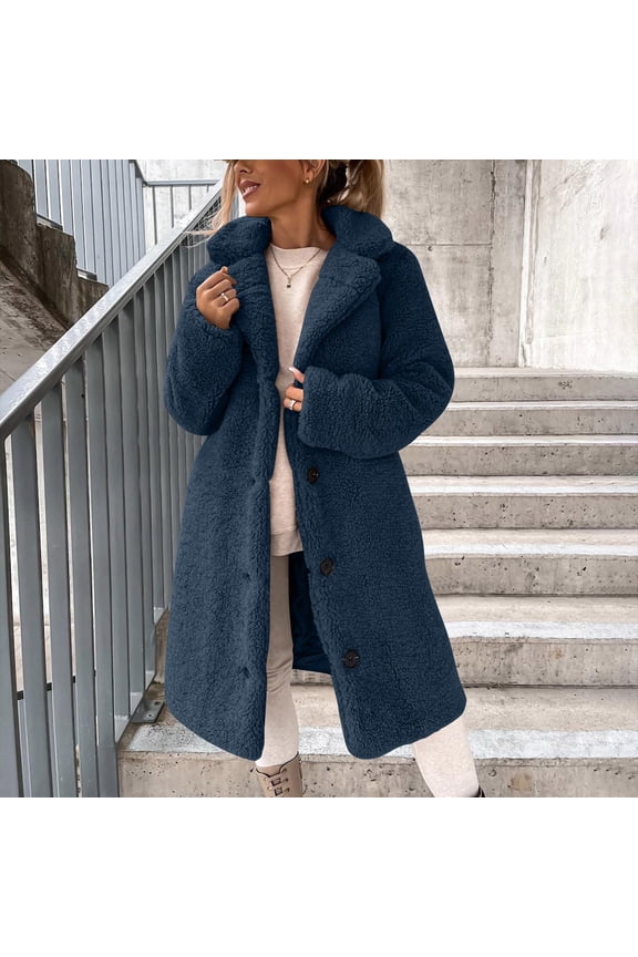 Women Winter Faux Fur Long Coats Lapel Long Sleeve Fuzzy Fleece Plush Button Down Sherpa Jackets Coat Fall Outerwear Casual Wool Blend Trench Coat Jacket Chamarras De Piel Para Mujer Navy L