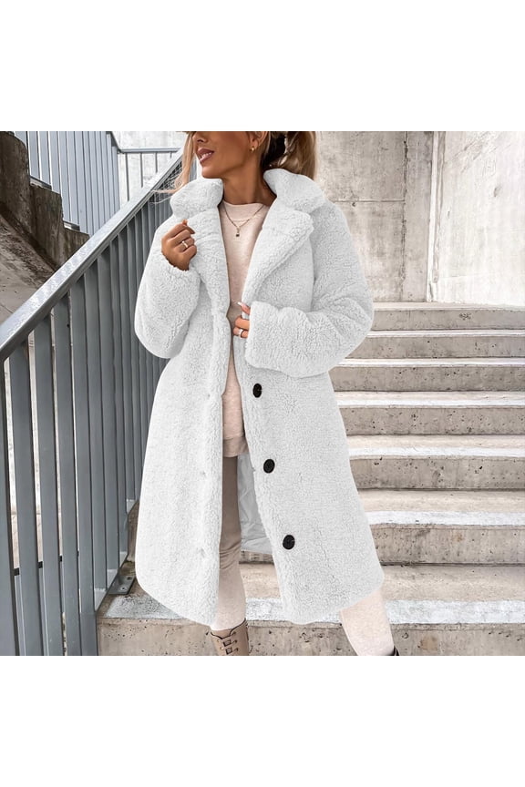 Women Winter Faux Fur Long Coats Lapel Long Sleeve Fuzzy Fleece Plush Button Down Sherpa Jackets Coat Fall Outerwear Casual Wool Blend Trench Coat Jacket Chamarras De Piel Para Mujer XXL