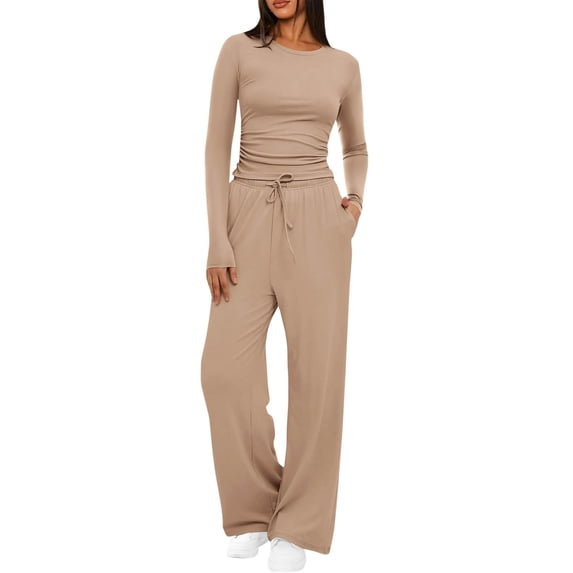 Xdegoge Women's 2 Piece Outfits Long Sleeve Ruched Top and Wide Leg Pants Set High Waisted Drawstring Lounge Tracksuit Casual Matching Sweatsuits with Pockets for Everyday Wear