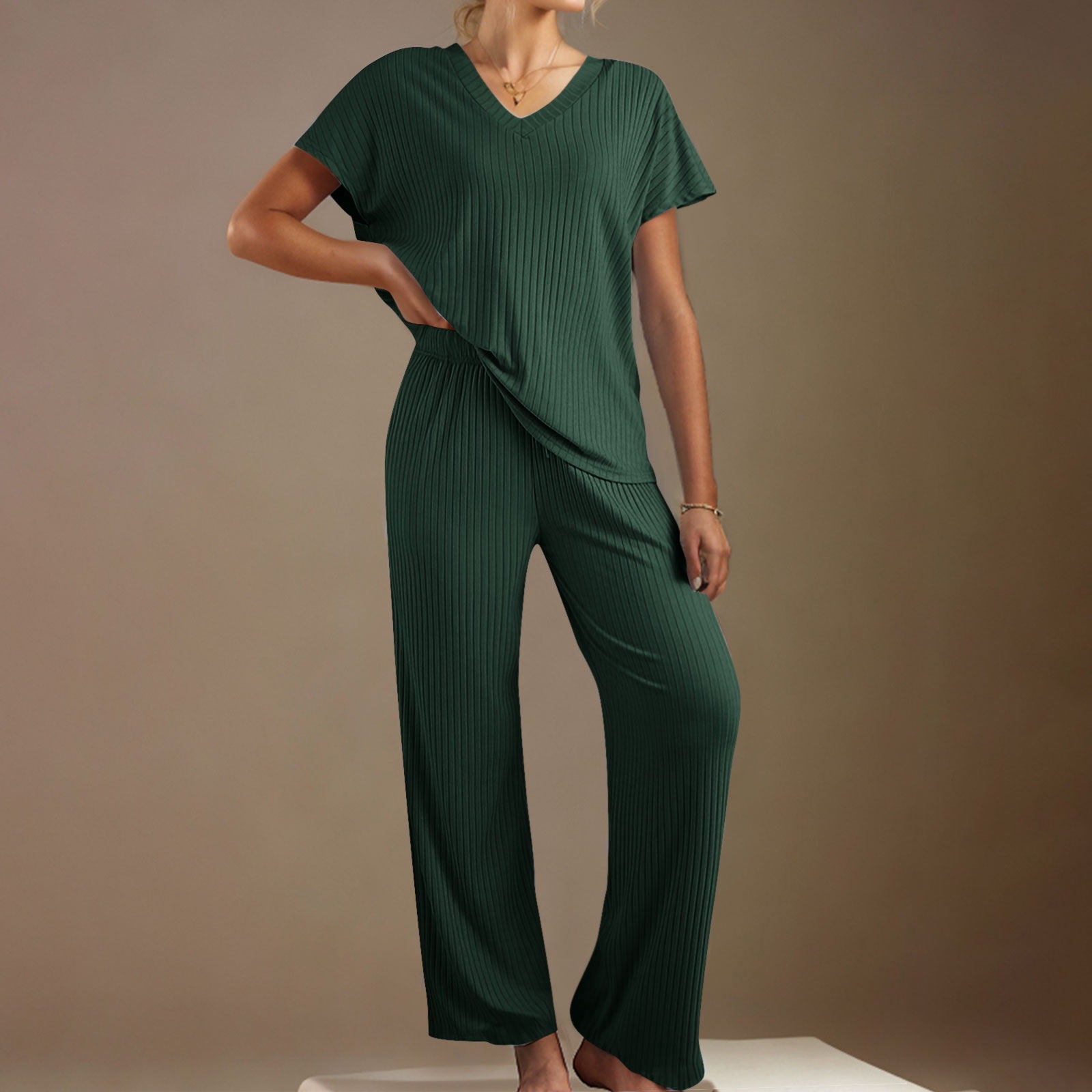 Women's 2 Piece Outfits Summer Ribbed Knit Short Sleeve V Neck Tops Wide Leg Pants Loungewear Set Casual Sweatsuits Tracksuits with Pockets Reorder Items Bought By Me Saved for Later