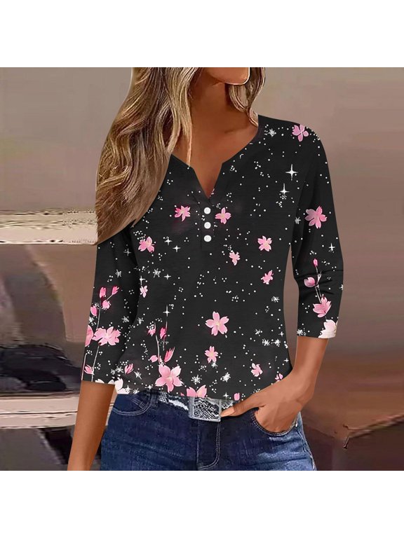 Today Women'S 3/4 Sleeve Tops Floral V Neck T Shirts Going Out Trendy Summer Tops 2025 Dressy Casual Blouses Soft Comfy Basic Tees