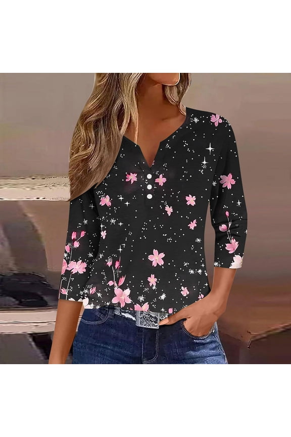 Today Women'S 3/4 Sleeve Tops Floral V Neck T Shirts Going Out Trendy Summer Tops 2025 Dressy Casual Blouses Soft Comfy Basic Tees