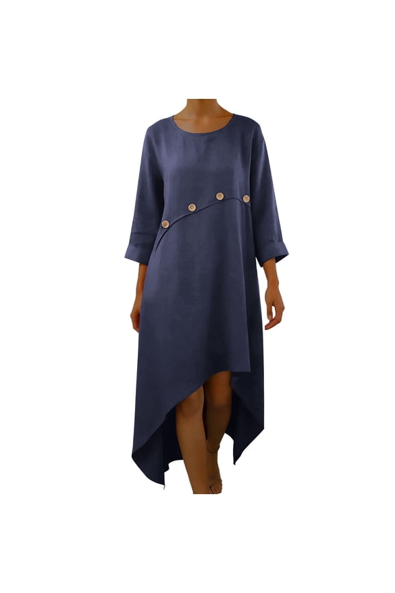 Women's Asymmetrical High Low Midi Dresses 3/4 Sleeve Round Neck Button Decor Casual Loose Fit Cotton Linen Tunic Dress Summer Vacation Flowy Sundress