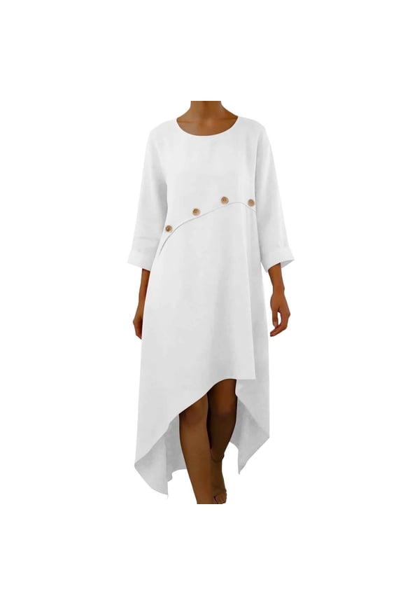 Women's Asymmetrical High Low Midi Dresses 3/4 Sleeve Round Neck Button Decor Casual Loose Fit Cotton Linen Tunic Dress Summer Vacation Flowy Sundress
