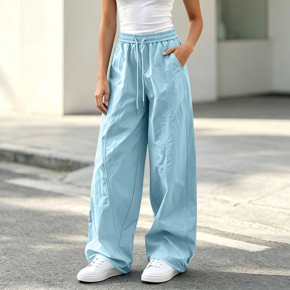Xdegoge Women's Baggy Parachute Pants High Waisted Wide Leg Track Pants Lightweight Quick Dry Lounge Trousers Drawstring Y2K Streetwear Athletic Pants Pockets