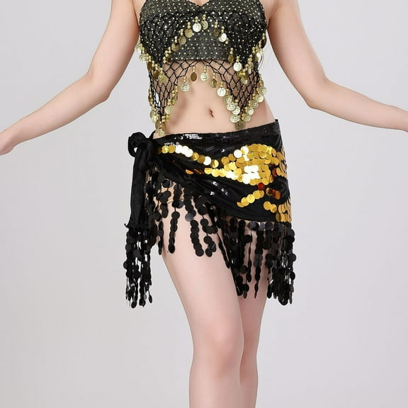 Xdegoge Women's Belly Dance Hip Scarf Sequin Tassel Triangle Skirt Performance Rave Party Music Festival Dancing Sparkly Genie Costume