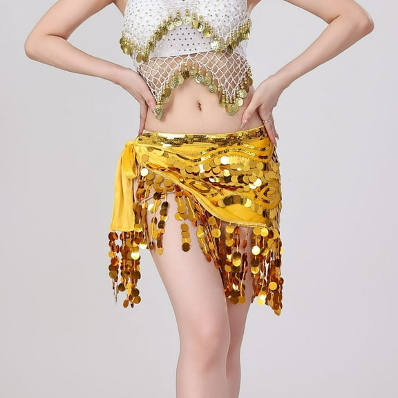 Xdegoge Women's Belly Dance Hip Scarf Sequin Tassel Triangle Skirt Performance Rave Party Music Festival Dancing Sparkly Genie Costume