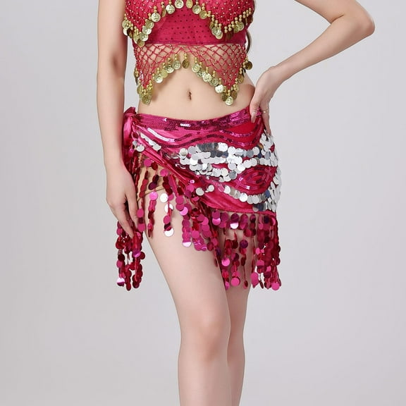 Xdegoge Women's Belly Dance Hip Scarf Sequin Tassel Triangle Skirt Performance Rave Party Music Festival Dancing Sparkly Genie Costume